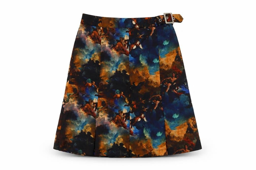 Front view of Collusion women’s multicoloured geometric polyester a-line skirt, size UK 6, zip