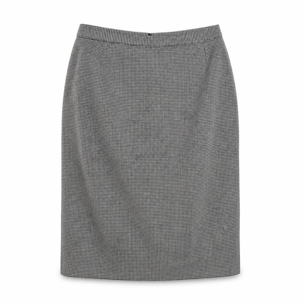 Front view of St Michael women’s black geometric polyester a-line skirt, size UK 18, zip