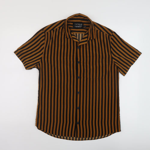 Topman Mens Brown Striped Polyester Button-Up Size S Collared Button