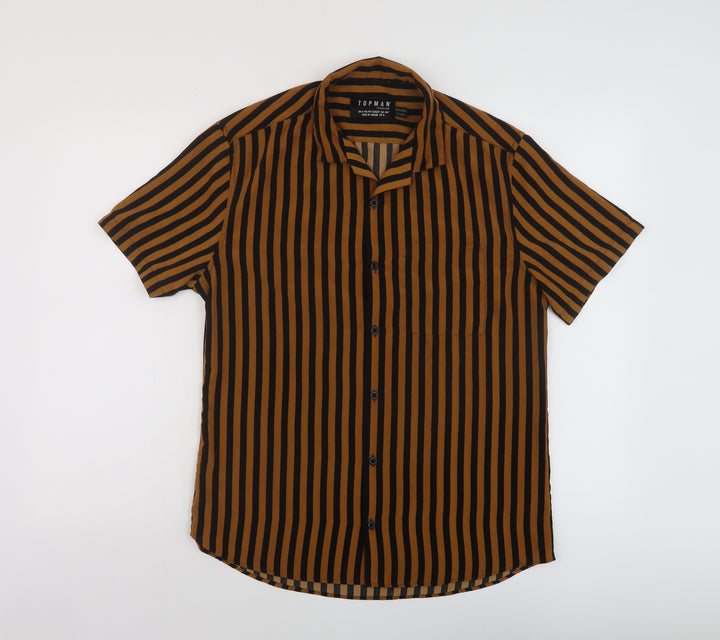 Topman Mens Brown Striped Polyester Button-Up Size S Collared Button