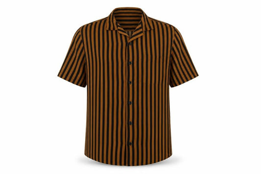 Front view of Topman men’s brown striped polyester button-up, size S, collared button