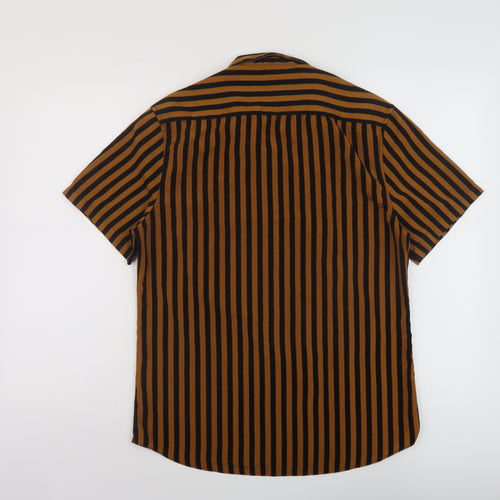 Topman Mens Brown Striped Polyester Button-Up Size S Collared Button