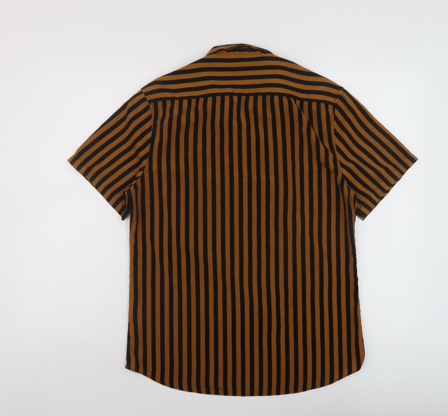 Topman Mens Brown Striped Polyester Button-Up Size S Collared Button