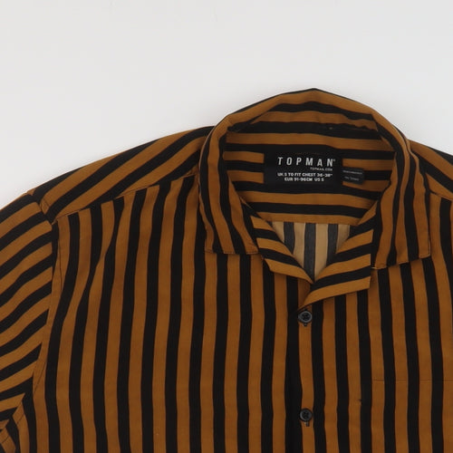Topman Mens Brown Striped Polyester Button-Up Size S Collared Button