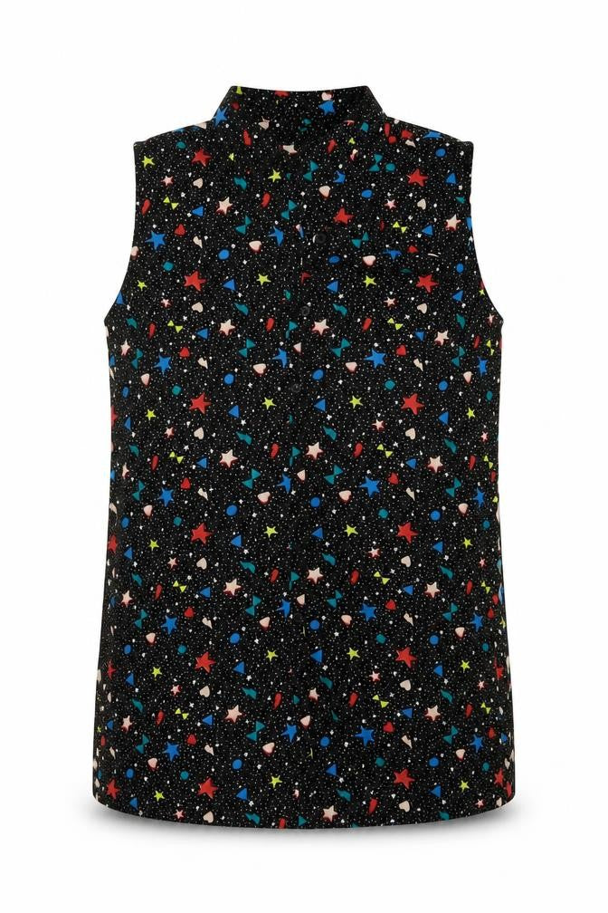 Marks & Spencer Girls Black Geometric Polyester Basic Blouse Size 13-14 Years Collared Button