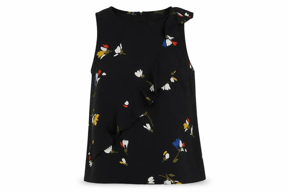 Front view of MDM women’s black floral polyester basic t-shirt, size UK 14, round neck