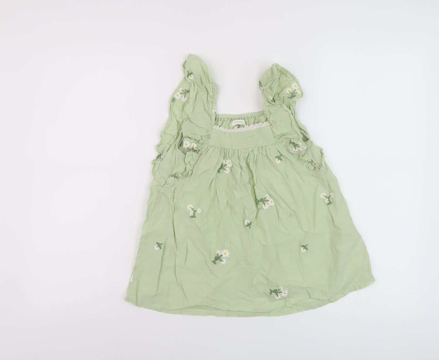 NEXT Girls Green Floral Cotton Basic Blouse Size 2-3 Years Square Neck Pullover