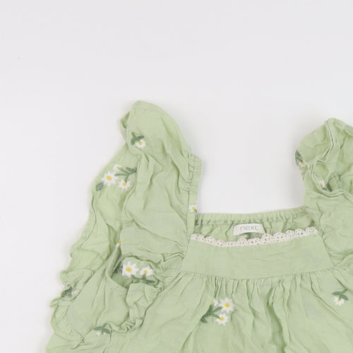 NEXT Girls Green Floral Cotton Basic Blouse Size 2-3 Years Square Neck Pullover
