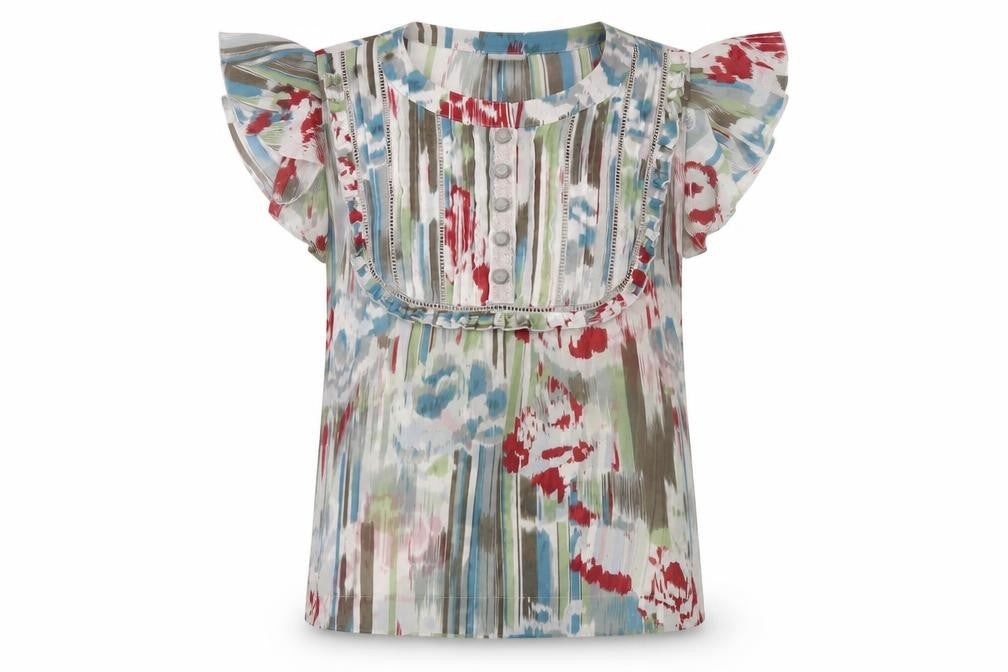 Front view of Next women’s multicoloured geometric polyester basic blouse, size UK 10, round neck