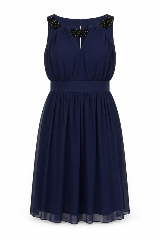 Front view of Dorothy Perkins women’s blue polyester a-line, size UK 10, round neck button