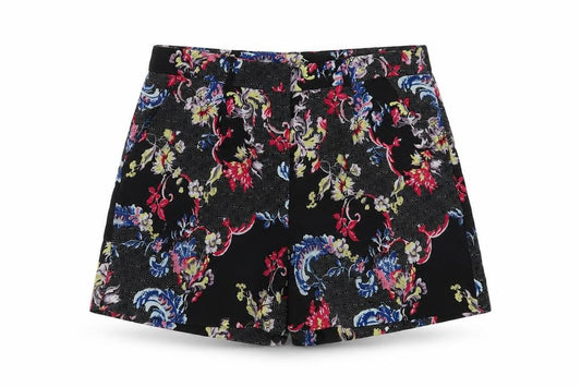 Front view of Select women’s black floral polyester basic shorts, size UK 6, 3-inch leg regular zip