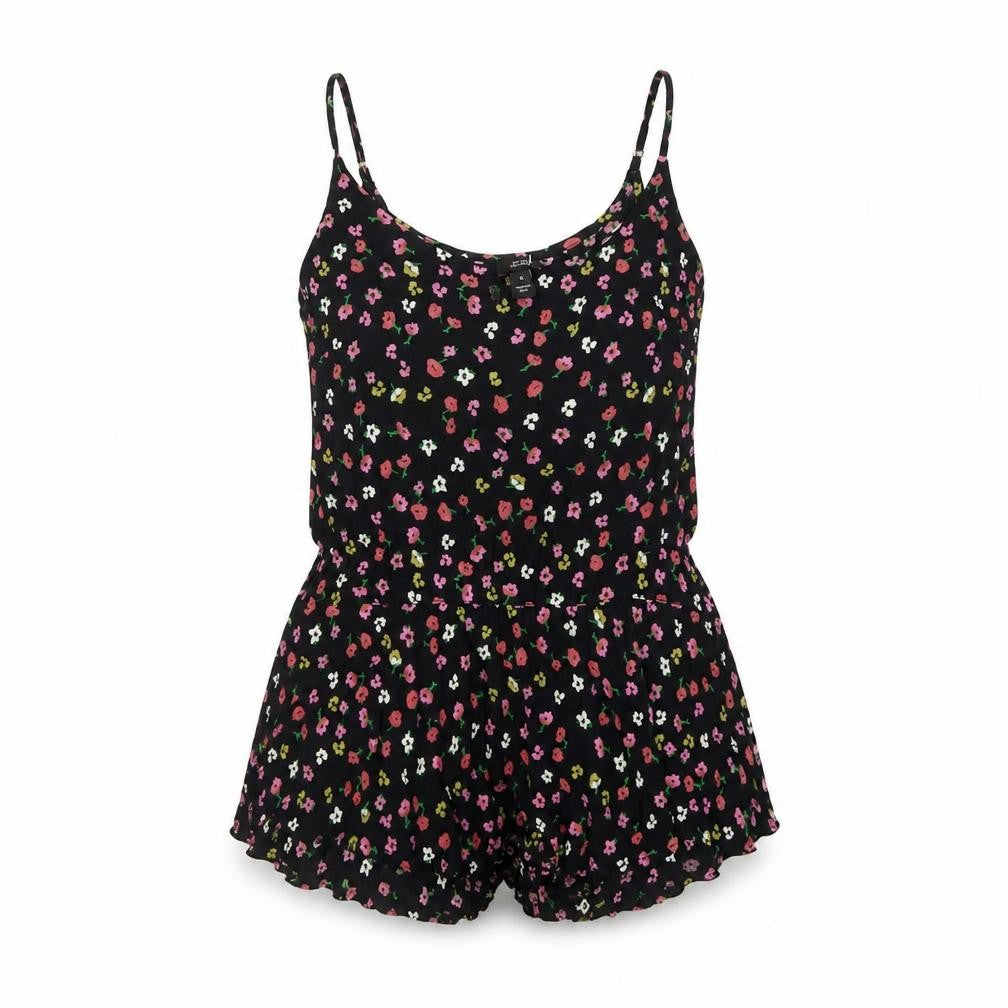 Front view of River Island women’s black floral viscose basic tank, size UK 8, round neck