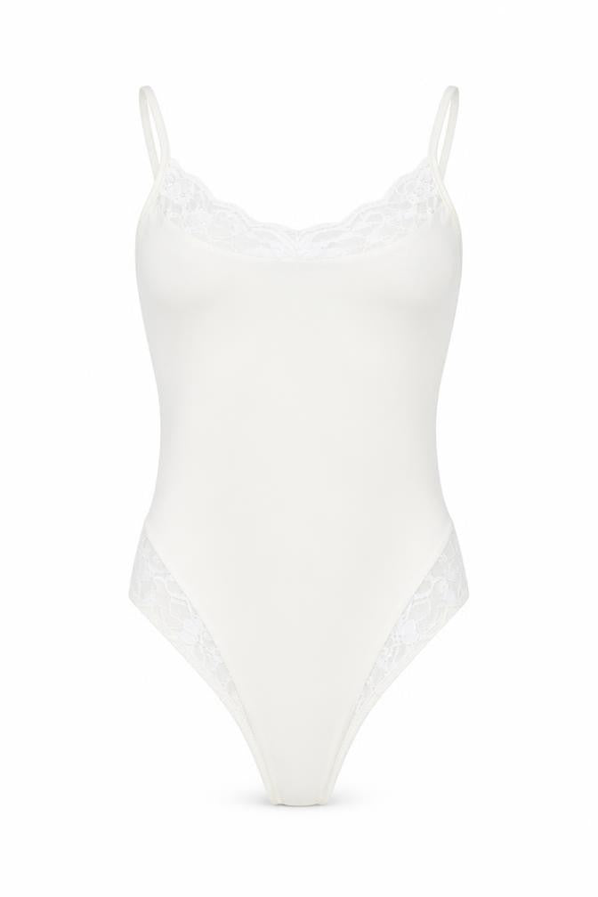 Front view of PRETTYLITTLETHING women’s ivory polyester bodysuit one-piece, size UK 8, pullover