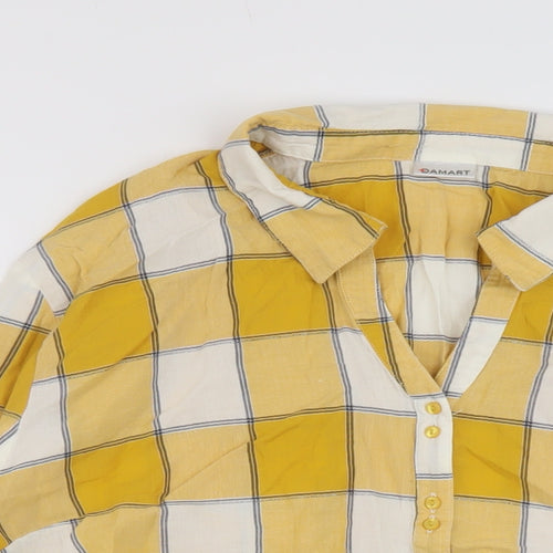 Damart Womens Yellow Plaid Cotton Basic Blouse Size 28 V-Neck