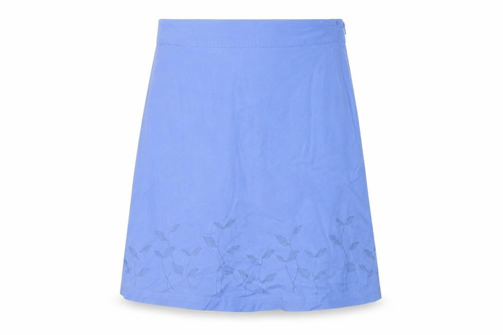 Front view of Tulchan women’s blue linen a-line skirt, size UK 12, zip