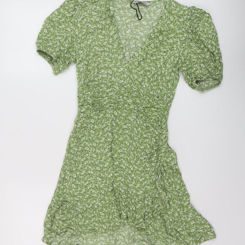 Stradivarius Womens Green Floral Polyester A-Line Size M V-Neck Pullover