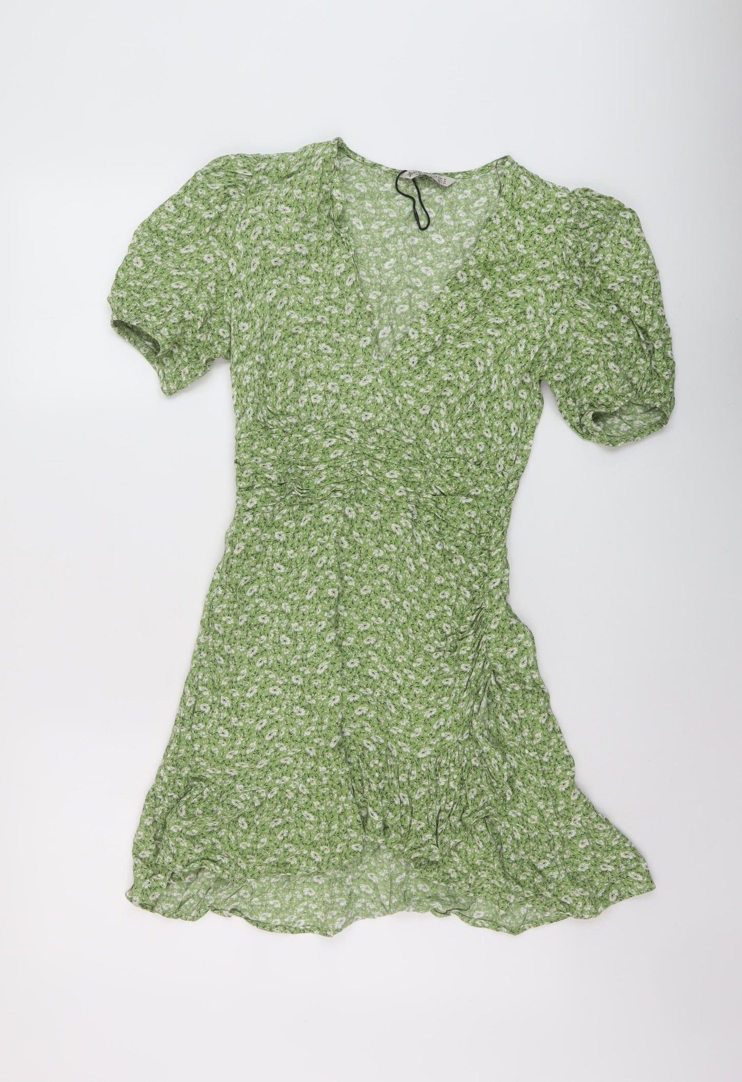Stradivarius Womens Green Floral Polyester A-Line Size M V-Neck Pullover