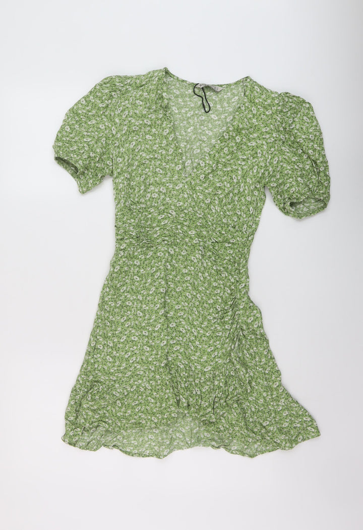 Stradivarius Womens Green Floral Polyester A-Line Size M V-Neck Pullover