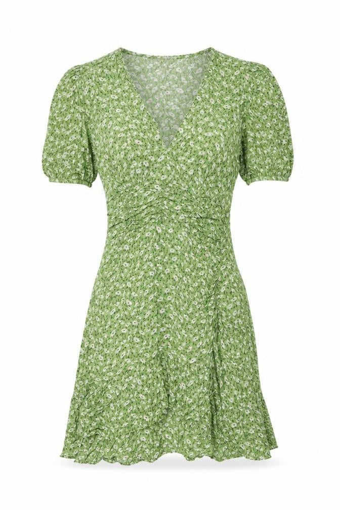 Front view of Stradivarius women’s green floral polyester a-line, size M, v-neck pullover