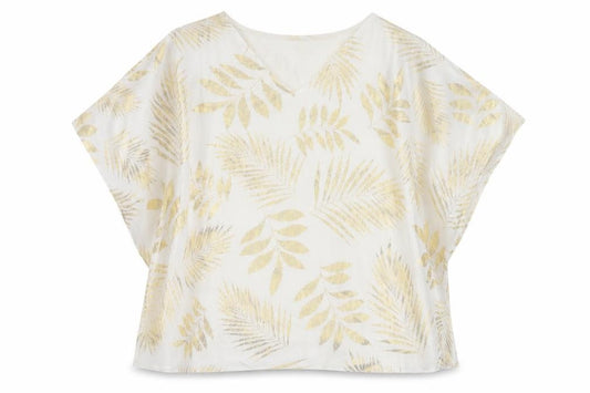 Front view of MCo women’s white geometric polyester basic blouse, size UK 14, v-neck