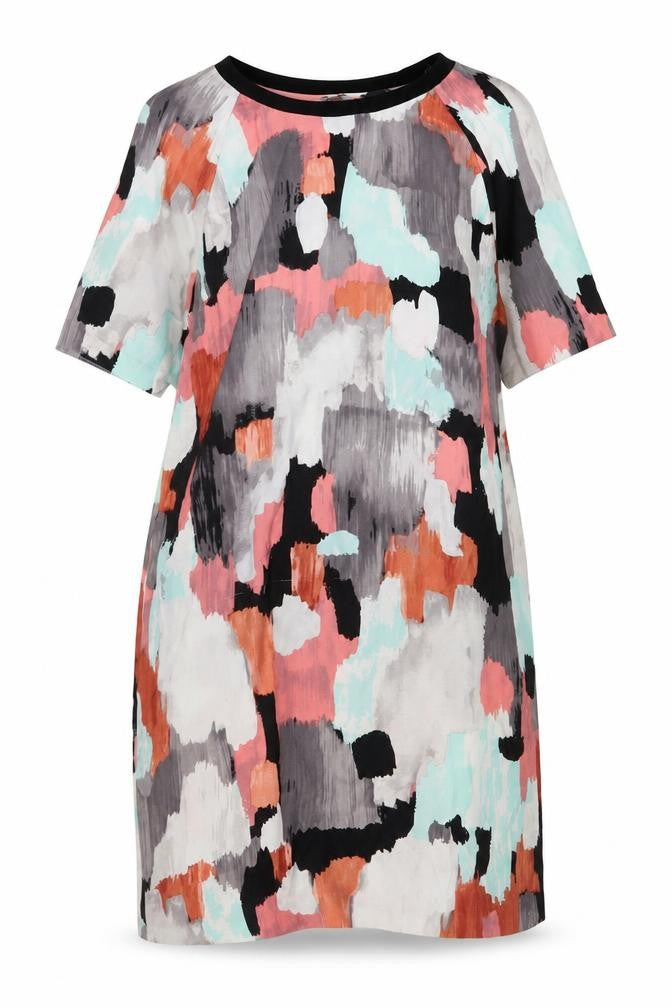 Front view of John Lewis women’s multicoloured geometric polyester a-line, size UK 14, round neck pullover