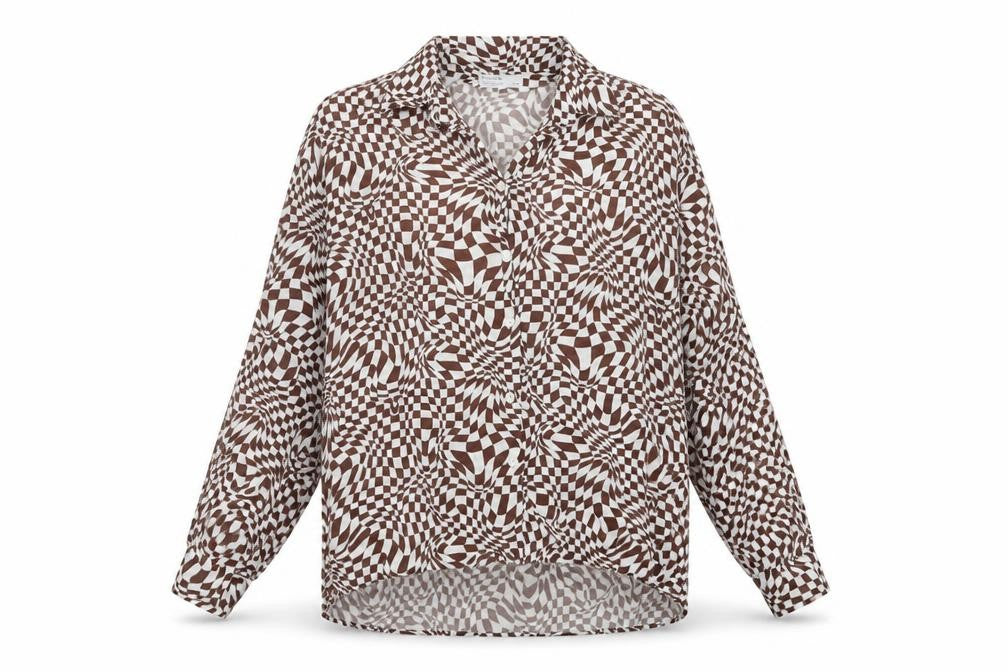 Front view of Bershka women’s brown geometric viscose basic blouse, size M, v-neck