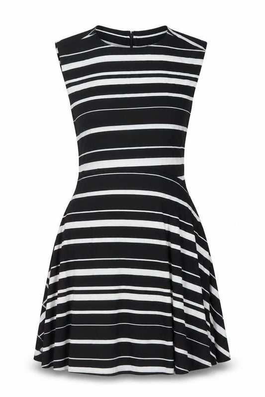 Front view of French Connection women’s black striped cotton a-line, size UK 12, round neck zip