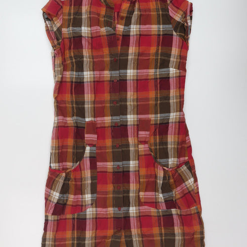 New Look Womens Red Plaid Cotton Shirt Dress Size 10 V-Neck Button