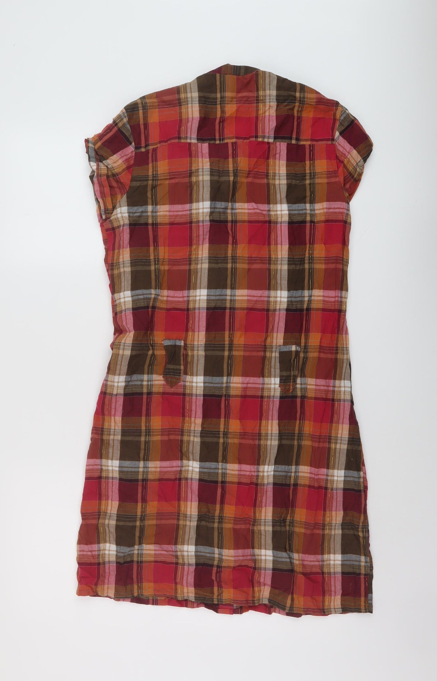 New Look Womens Red Plaid Cotton Shirt Dress Size 10 V-Neck Button