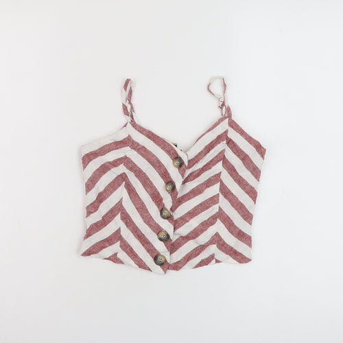 Miss Selfridge Womens Red Striped Linen Cropped Tank Size 6 V-Neck