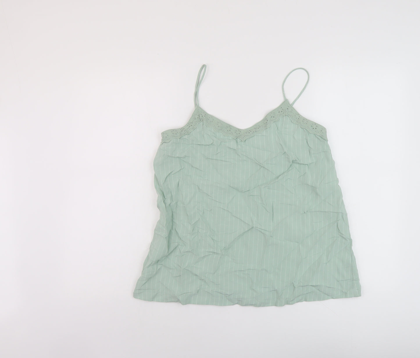 Marks and Spencer Womens Green Striped Viscose Basic Tank Size 10 V-Neck