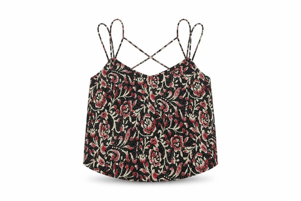 Front view of ASOS women’s multicoloured geometric polyester cropped tank, size UK 8, roll neck