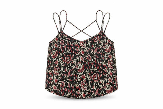 Front view of ASOS women’s multicoloured geometric polyester cropped tank, size UK 8, roll neck