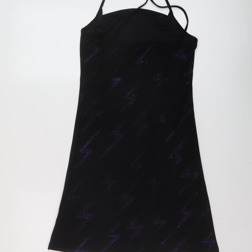 Feeling Womens Black Geometric Polyester Mini Size M Square Neck Pullover