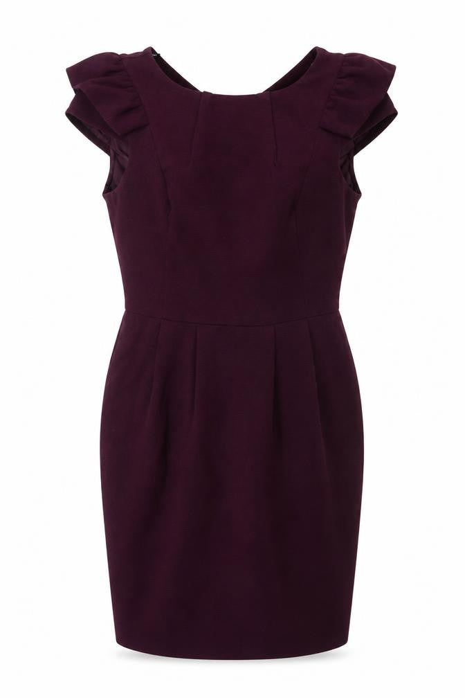 Front view of Warehouse women’s purple polyester sheath, size UK 14, round neck zip