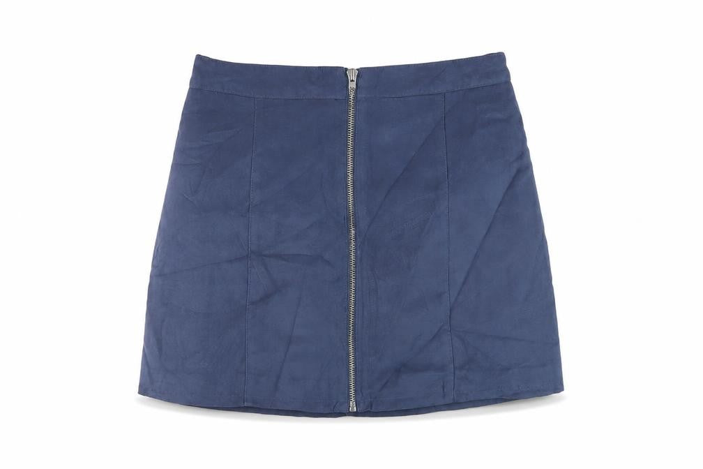 Front view of Hm7 women’s blue polyester mini skirt, size UK 8, zip