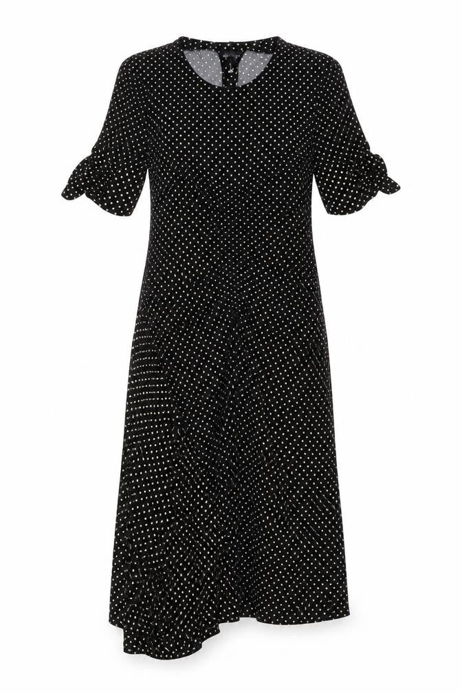 Front view of Topshop women’s black polka dot polyester a-line, size UK 14, round neck pullover