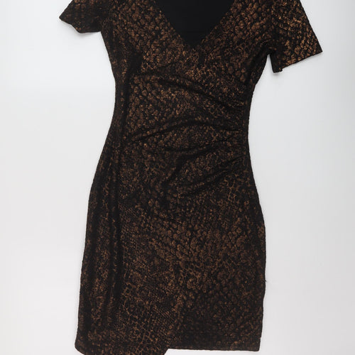 Apricot Womens Black Animal Print Polyester Bodycon Size 8 V-Neck Pullover