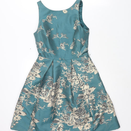 Monsoon Womens Blue Floral Polyester A-Line Size 8 Boat Neck Zip