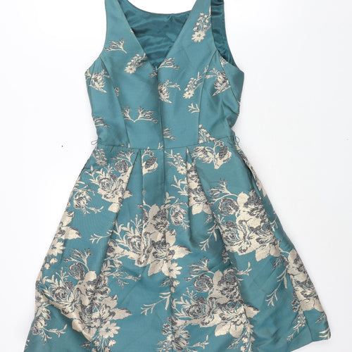 Monsoon Womens Blue Floral Polyester A-Line Size 8 Boat Neck Zip