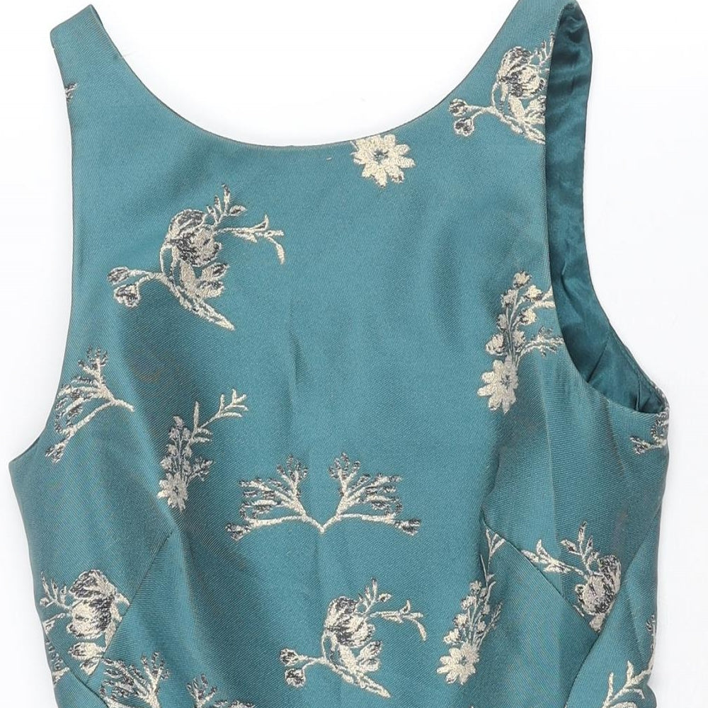 Monsoon Womens Blue Floral Polyester A-Line Size 8 Boat Neck Zip