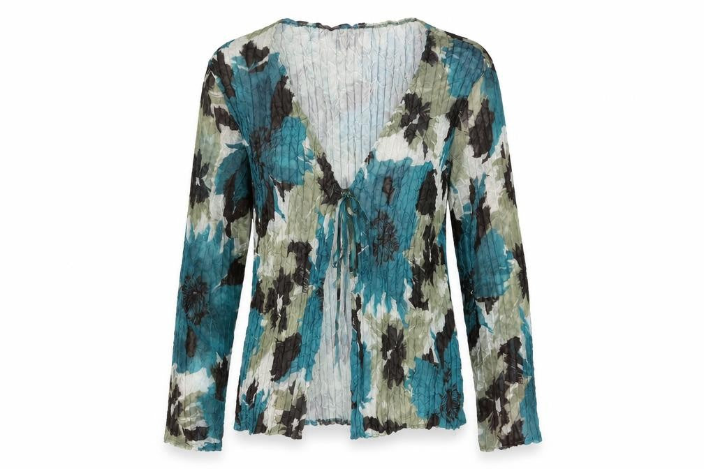Front view of Cotswold Collections women’s blue geometric polyester basic blouse, size L, v-neck - crinkle look
