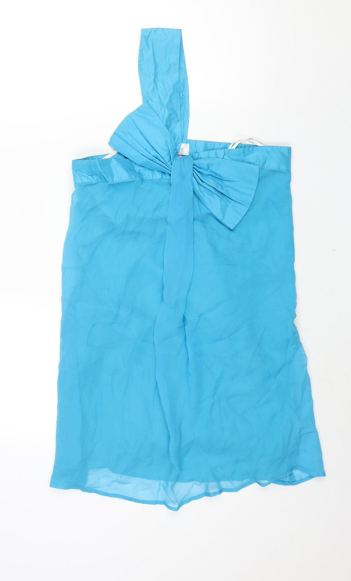 Lipsy Womens Blue Silk Mini Size 12 One Shoulder Zip - Bow