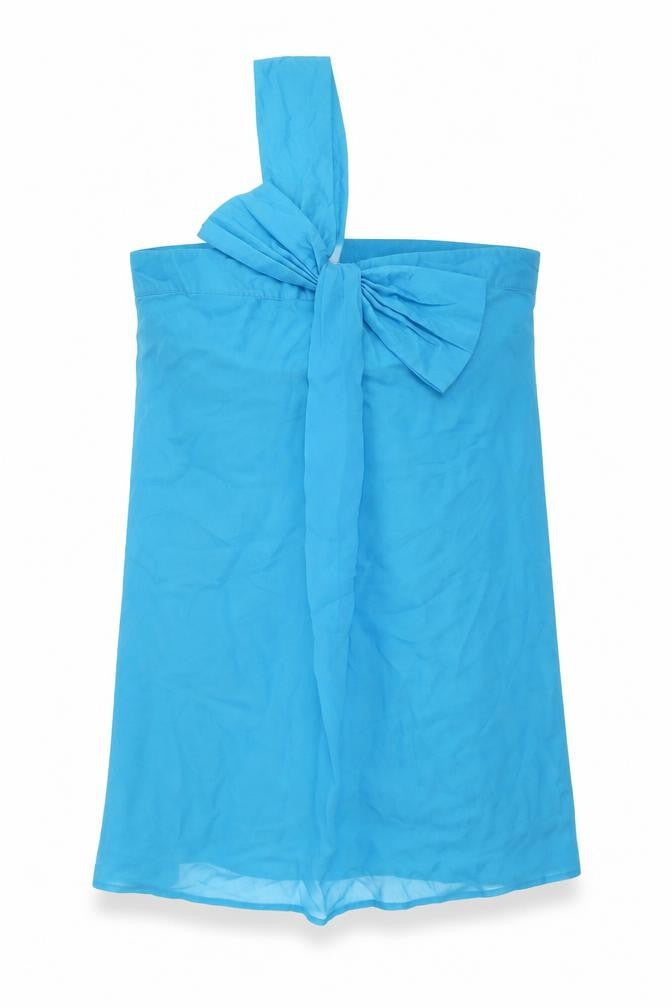 Front view of Lipsy women’s blue silk mini, size UK 12, one shoulder zip - bow