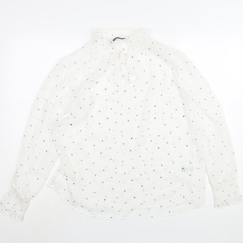 Marks and Spencer Womens White Polka Dot Polyester Basic Blouse Size 12 Mock Neck - Keyhole Neck