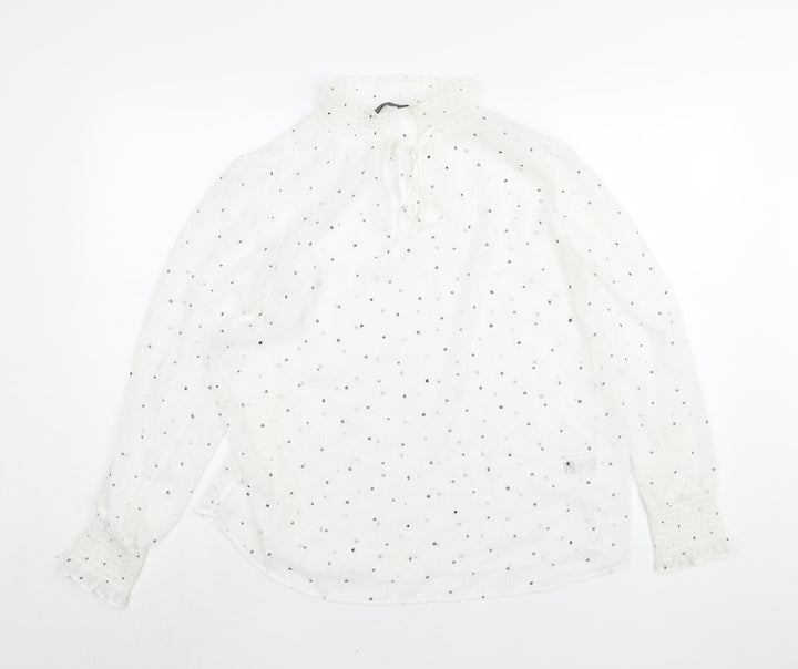 Marks and Spencer Womens White Polka Dot Polyester Basic Blouse Size 12 Mock Neck - Keyhole Neck