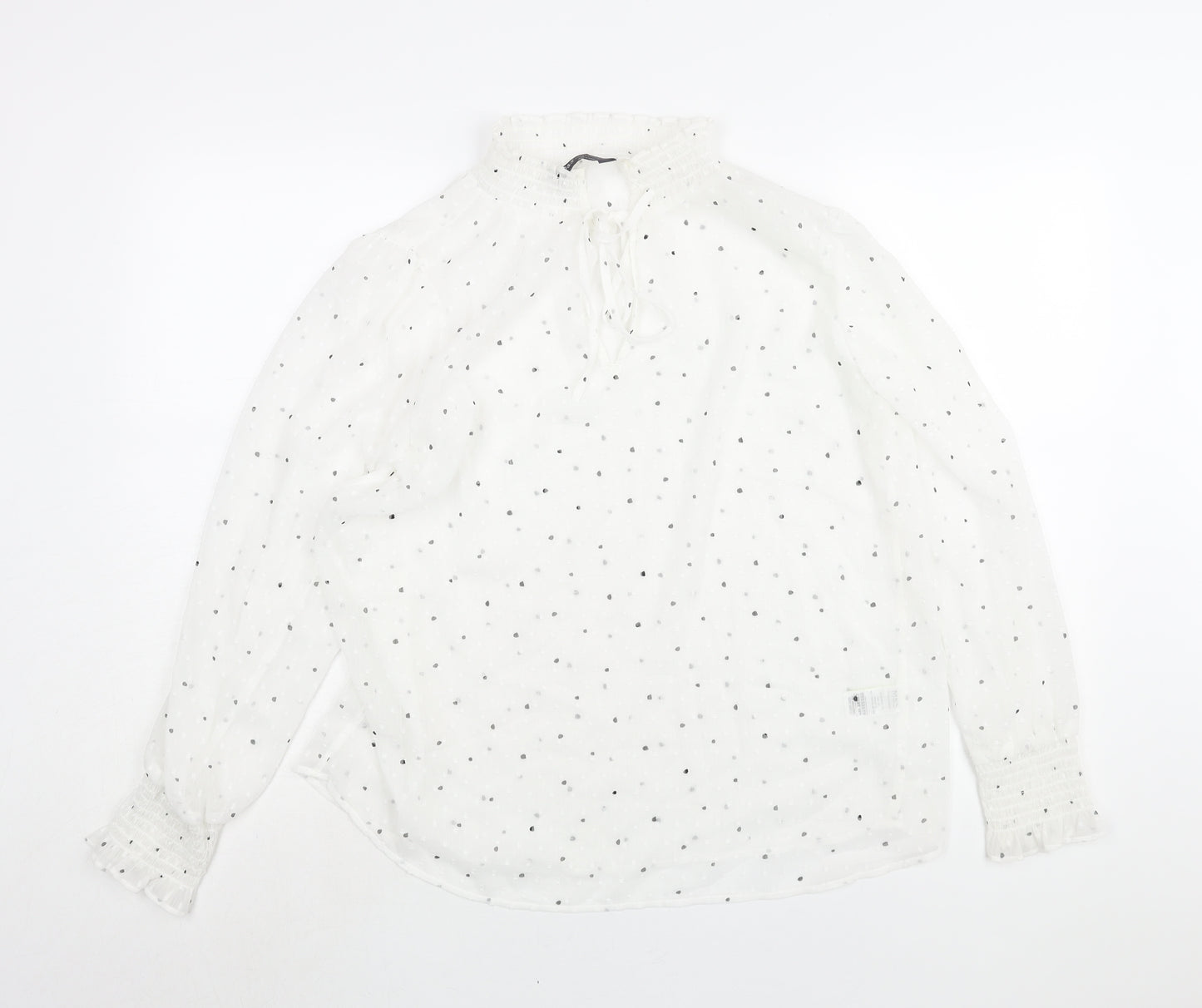 Marks and Spencer Womens White Polka Dot Polyester Basic Blouse Size 12 Mock Neck - Keyhole Neck