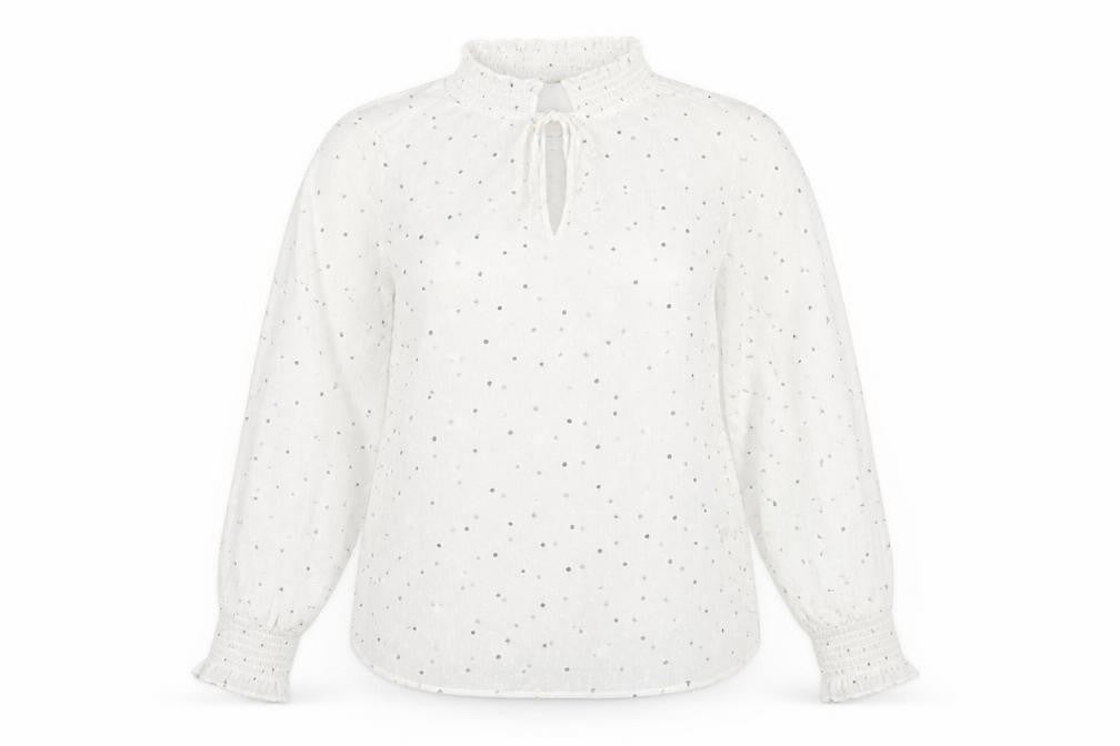 Front view of Marks & Spencer women’s white polka dot polyester basic blouse, size UK 12, mock neck - keyhole neck