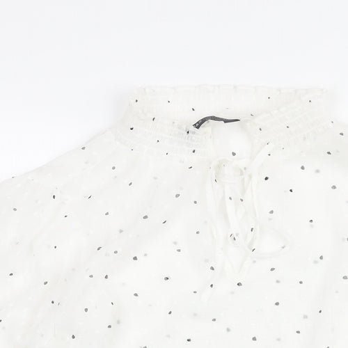 Marks and Spencer Womens White Polka Dot Polyester Basic Blouse Size 12 Mock Neck - Keyhole Neck
