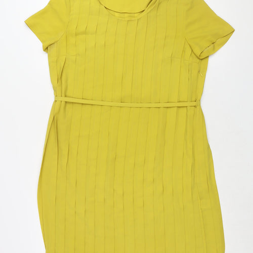 N.W.3 Womens Yellow Polyester Shift Size 10 Round Neck Zip - Belted Pleated